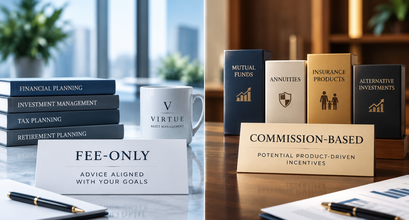 Comparison of fee-only financial advice versus commission-based advice, showing 