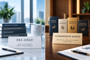 Comparison of fee-only financial advice versus commission-based advice, showing "Advice Aligned With Your Goals" next to "Potential Product-Driven Incentives"